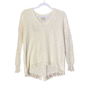 Lucky Brand Cream Mixed Weave Chunky Knit BOHO Pullover V Neck Sweater Size M